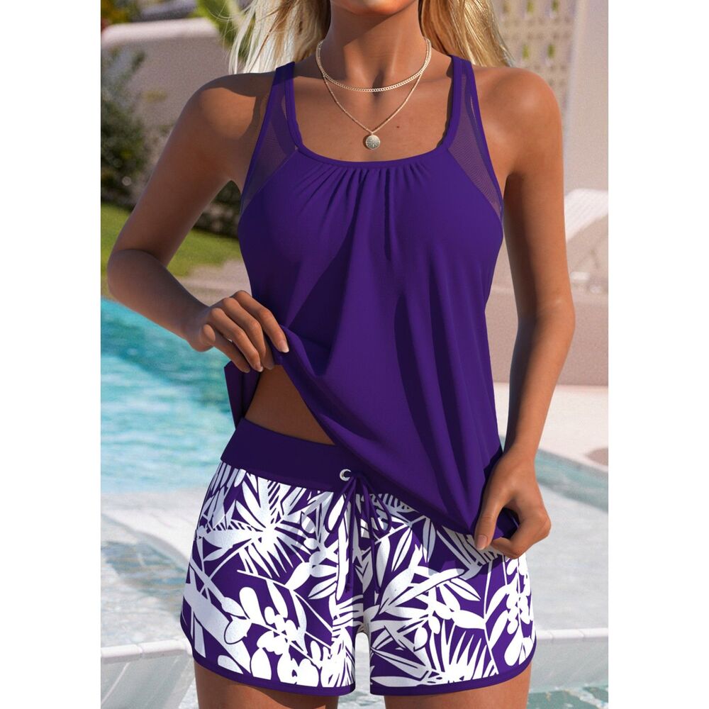 New MODLILY®Tummy Control Floral Purple 2 Piece Tankini Shorts Set XL